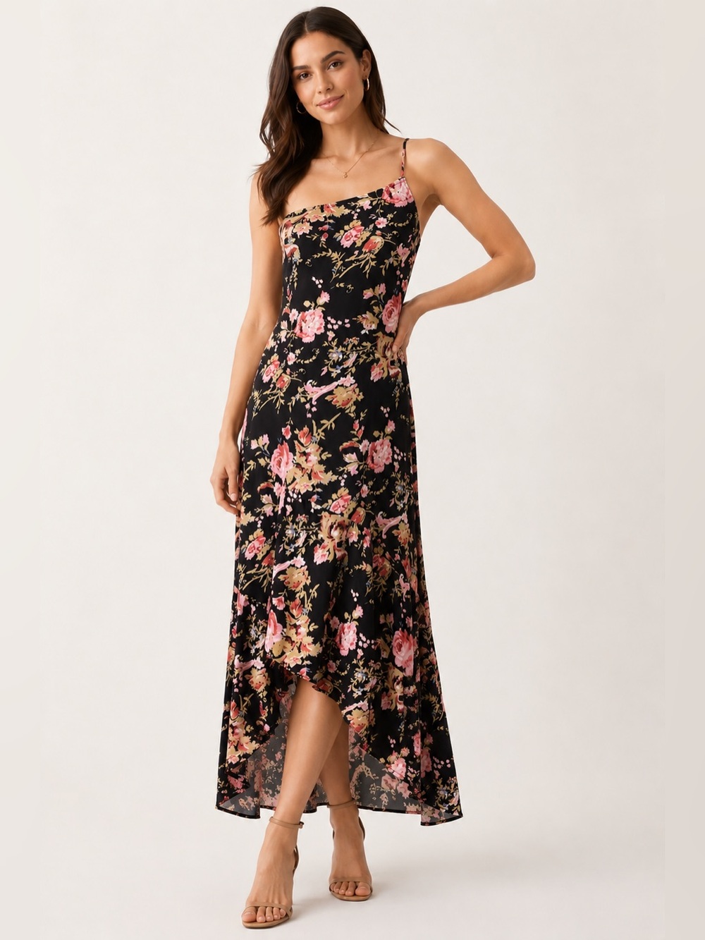 Saltwater Luxe One Shoulder Ruffled Floral Maxi Dress Small NWT Black Pink